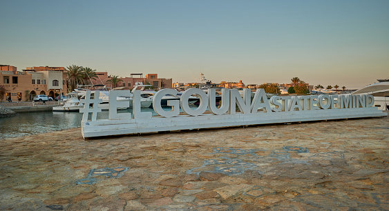 Abu Tig Marina in El Gouna, Hurghada, Red Sea Governorate, Egypt day light view  showing hashtag El Gouna state of mind