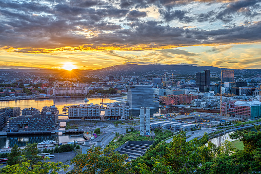 Beautiful sunset seen in Oslo, the capital of Norway