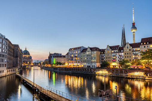 The Nikolaiviertel, the river Spree and the Cathedral in Berlin after sunset