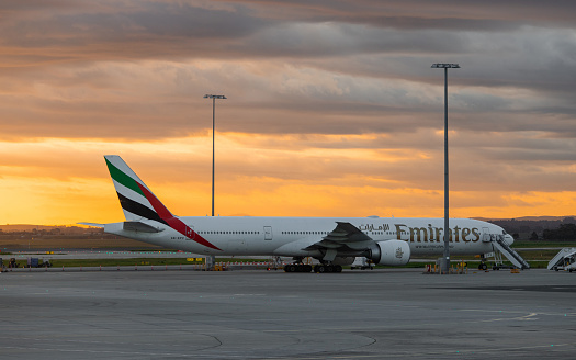 Melbourne, Australia - September 30, 2022: Emirates Boeing 777 at the airport tarmac. Registration: A6-EPV.