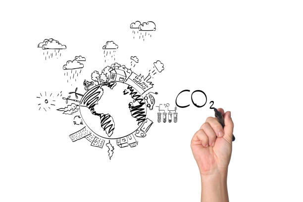 co2 drawn on white background, Reducing CO2 levels. stock photo