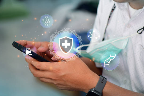 istock Businessman using a phone virtual medical network connection icons. 1429312879