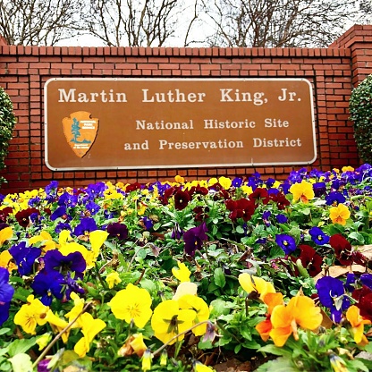 National Historic Site of Martin Luther King Jr. and preservation district sign. Atlanta, Georgia, USA. February 2018.