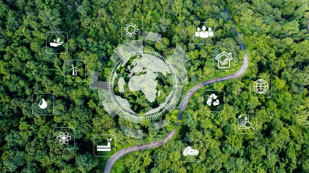 환경 기술 개념. 재생 가능한 자원의 기술을 사용하여 지속 가능한 ESG 현대화 개발 스톡 사진