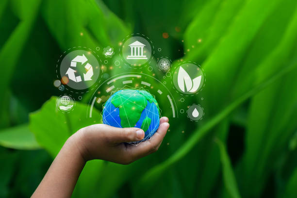 Hand holding green earth ESG icon for Environment Social and Governance, World Earth Day Concept. Green Energy, ESG, Environmental, social and corporate governance. stock photo