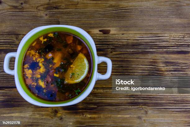 Russian Traditional Hodgepodge Soup On A Wooden Table Top View Stock Photo - Download Image Now