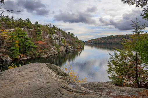 A scenic Autumn view of Lake Minnewaska in New Paltz New York.