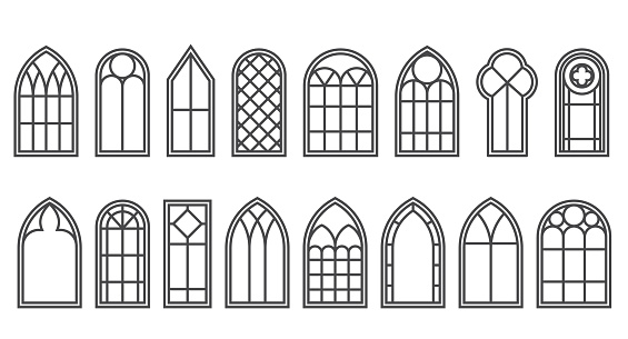 Gothic windows outline set. Silhouette of vintage stained glass church frames. Element of traditional European architecture. Vector illustration
