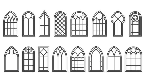 Gothic windows outline set. Silhouette of vintage stained glass church frames. Element of traditional european architecture. Vector outline illustration Gothic windows outline set. Silhouette of vintage stained glass church frames. Element of traditional European architecture. Vector illustration decorated window stock illustrations