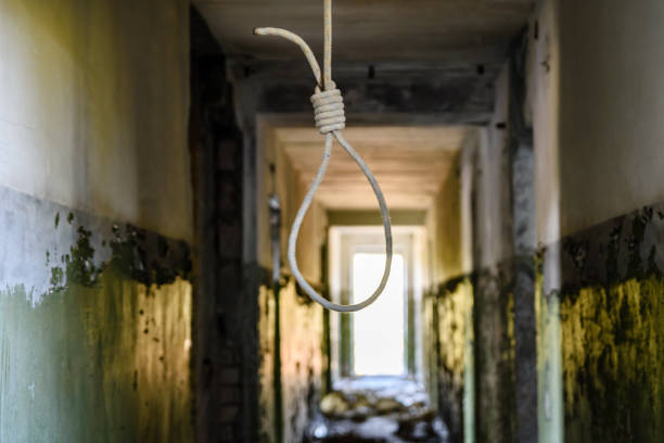Deadly loop for suicide in the abandoned apartment stock photo