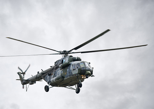 9th September 2022 Duxford, England flying over the village Czech Air Force MI HIP 9813 Soviet era USSR Russian helicopter.