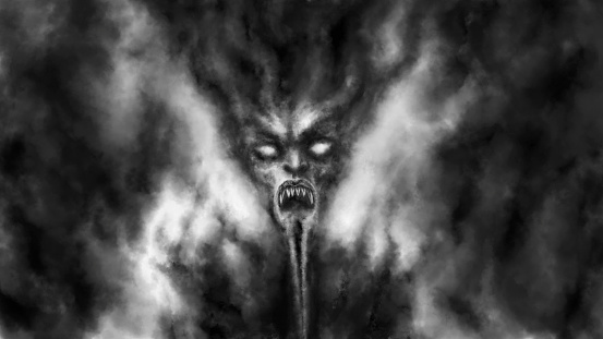 Spooky vampire face illustration. Horror fantasy genre. Scary devil emerge from fog and look with evil eyes. Gloomy monster character from nightmares. Coal noise effect. Black and white background.