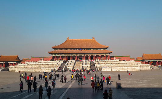 Tian 'anmen and Huabiao in Beijing, ChinaQianmen Gate on Tiananmen Square and the entrance to the Palace Museum in Beijing (Gugun).Inscription-Long live the People's Republic of China! Long live the solidarity of the peoples of the world! Tiananmen square in Beijing, China