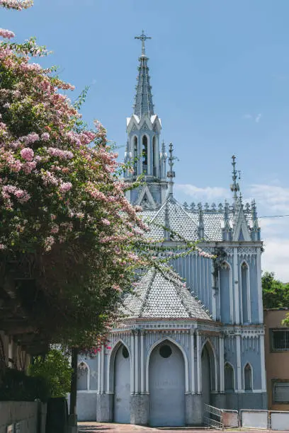 Guayacanes flowers and in the background the religious complex La Ermita