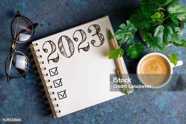 New Year Resolutions 2023 On Desk 2023 Resolutions List With Notebook Coffee Cup On Table Goals Resolutions Plan Action Checklist Concept New Year 2023 Template Stock Photo - Download Image Now
