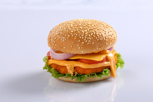 Chicken tasty burger isolated on white background.
