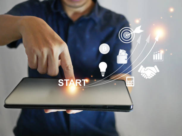 istock Startup business growing to success, finger tapping on a tablet with launching and pointing up arrow, potential growth with progress, developing start-up concept, business factors to be successful 1429337900