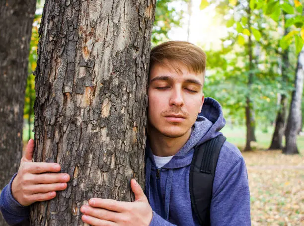 Young Man close his Eyes and hug the Trunk of the Tree in the Forest