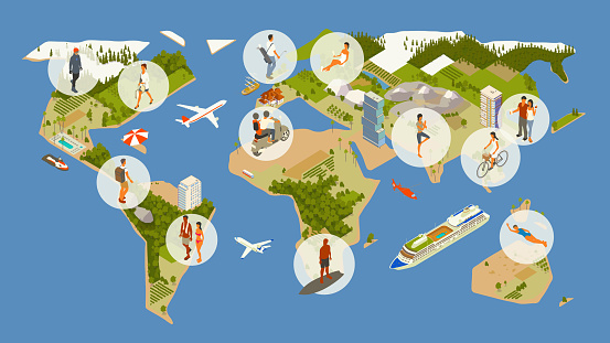 15 people are visually called out over a detailed, stylized world map. They're scattered across six continents and are seen enjoying activities typically done while traveling. One is dressed in ski or snowboard gear in Canada, while another is shopping in New York. A backpacker hikes the Andes, a man and woman walk along the beach in Brazil, a golfer has selected a club in the UK, and a woman luxuriates in a sauna in Europe. Two ride together on a motor scooter in Morocco, while a man surfs in South Africa.  A woman meditates in India while another enjoys a bike ride in Southeast Asia. Someone swims off Northern Australia while a couple simply enjoy coffee in China together. The detailed map is complete with a cruise ship, airplanes, a helicopter, jet ski, and a variety of hotels and accommodations.