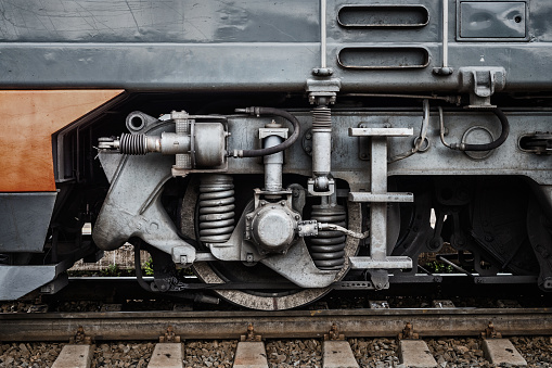 Close up detail of train wheel of Trans-Siberian railway train in Moscow, Russia.