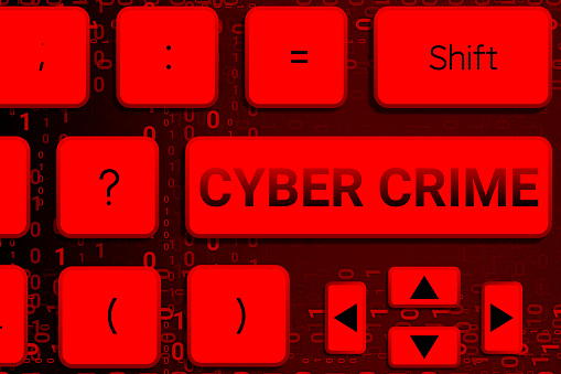 cyber crime button on key board and code numbers. concept for online fraud and hacking awareness.