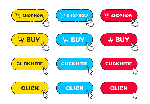 Click Link Button 3d Click Here Web Buttons Set Of Action Button Hand Cursor And Arrow ...