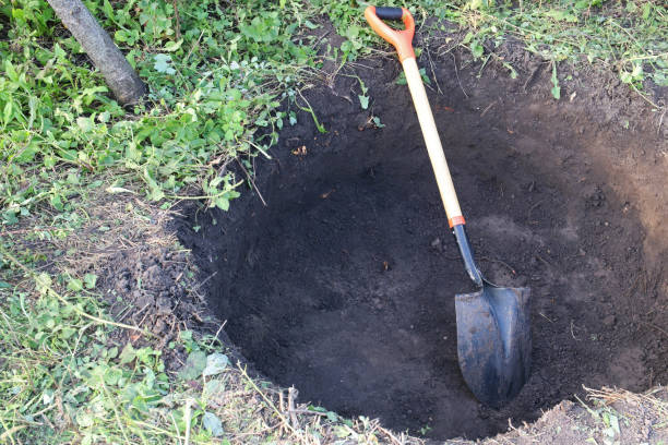 Deep pit in the ground. In the pit lies a shovel.