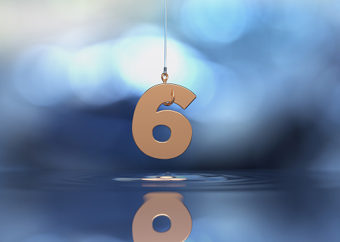 Gold color number six and fishing hook phishing concept horizontal composition