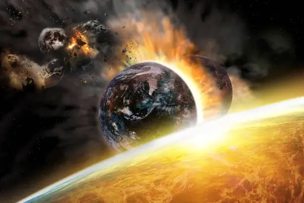 Photo of Apocalypse on Earth, view from the sun on the planet Earth torn in half and fragments of the Moon in orbit. Decline of civilization. Elements of this image furnished by NASA.