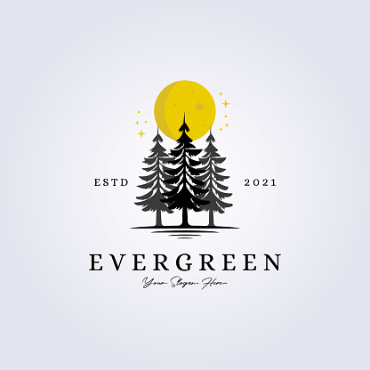evergreen, woodland, adventure forest icon lake riverside creekside vector illustration silhouette vintage symbol design