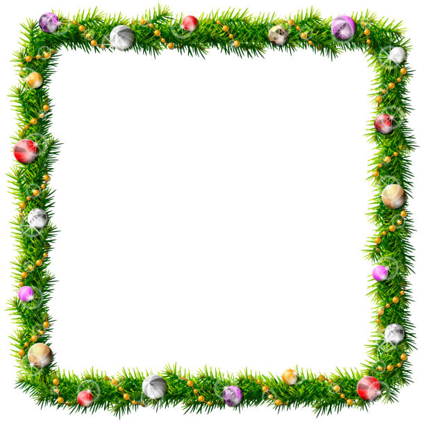 장식용 구슬과 보블이있는 얇은 크리스마스 광장 화환 - christmas frame wreath garland stock illustrations