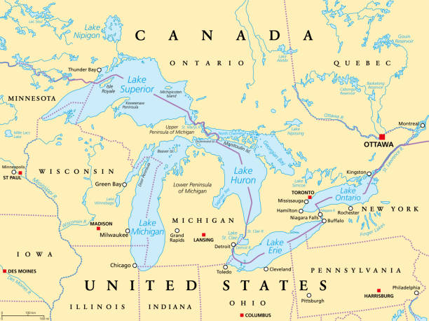 Great Lakes of North America, series of freshwater lakes, political map Great Lakes of North America political map. Lakes Superior, Michigan, Huron, Erie and Ontario. Series of large interconnected freshwater lakes on or near the border of Canada and of the United States. great lakes stock illustrations
