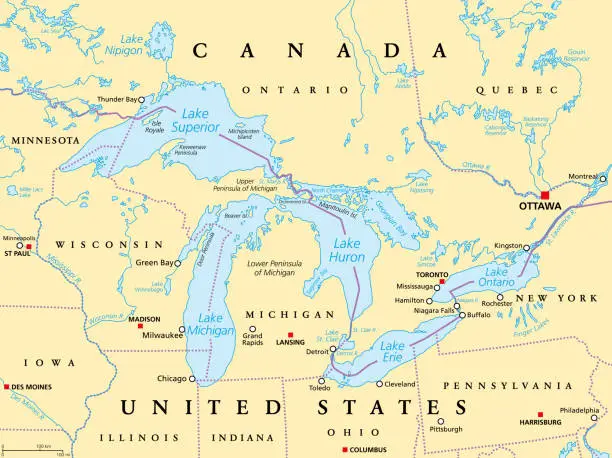 Vector illustration of Great Lakes of North America, series of freshwater lakes, political map