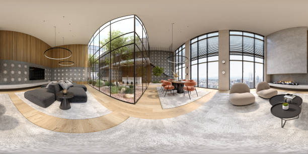 istock 360 panorana of modern interior room 3D rendering 1429367476
