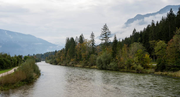 istock Autumn forest along river edge, with mountains 1429369462