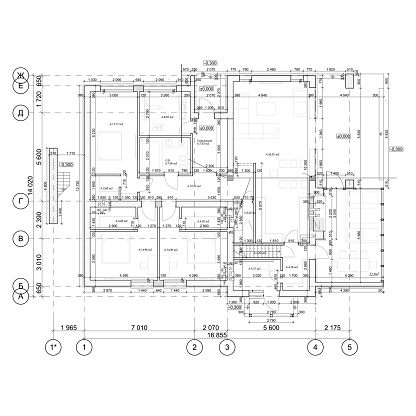 Multistory building detailed architectural technical drawing, vector blueprint floorplan layout
