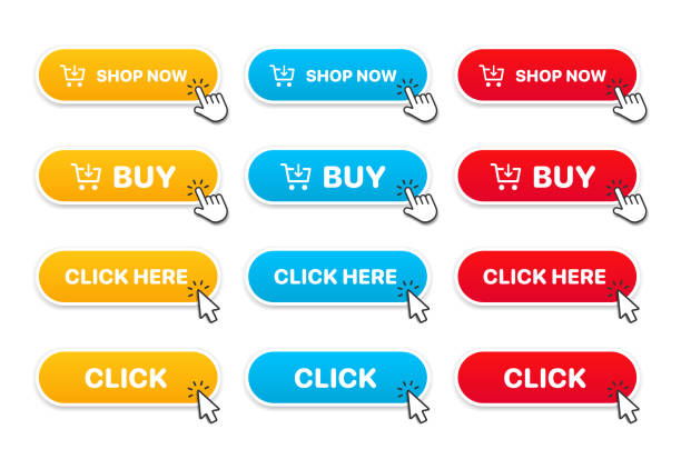 stockillustraties, clipart, cartoons en iconen met 3d click here web buttons. set of action button, hand cursor and arrow pointing click link buttons. add to cart, shop now buttons. online shopping icons for ui ux website, mobile app. - drukknop