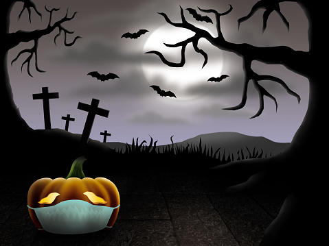 Illusstration image of Illness pumpkin with medical mask for covid virus protection on Halloween holiday festival, at scary graveyard and night flying bat