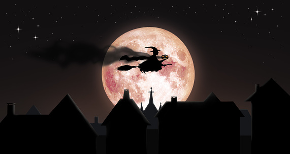 Illustration image of Dark witch flying on the broomstick over city halloween night, with the curse pumpkin devil, credit the moon by NASA