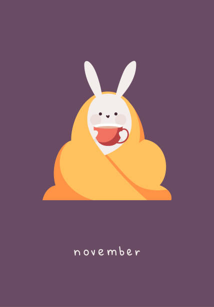 stockillustraties, clipart, cartoons en iconen met card with rabbit. cute bunny the bunny sits wrapped in a warm blanket and drinks. month november - hot chocolate purple