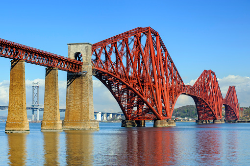 Wide angle view of the iconic Forth Rail Bridge, a 1.5-mile long red railway bridge, opened in 1890 & crossing the Forth estuary in Scotland, UK.