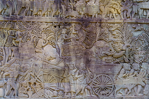 Cambodia. Siem Reap. The archaeological park of Angkor. A bas relief at Bayon Temple 12th century Hindu temple