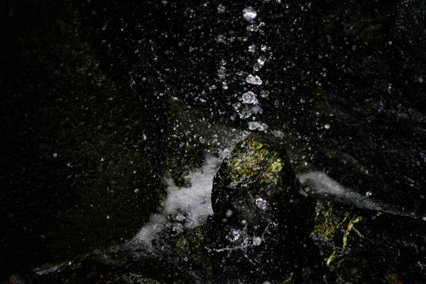 Water splashes in the air on a dark background. Shallow depth of field