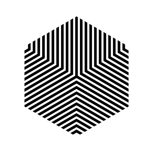 Striped 3D cube optical illusion. Black lines on white cube visual effect. Op art. Striped hexagon geometric shape. Architecture logo template. Isometric design element. Vector illustration, clip art. op art stock illustrations