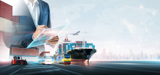 istock Business and technology digital future of cargo containers logistics transportation import export concept, Manager using tablet online tracking control delivery distribution on world map background 1429399508