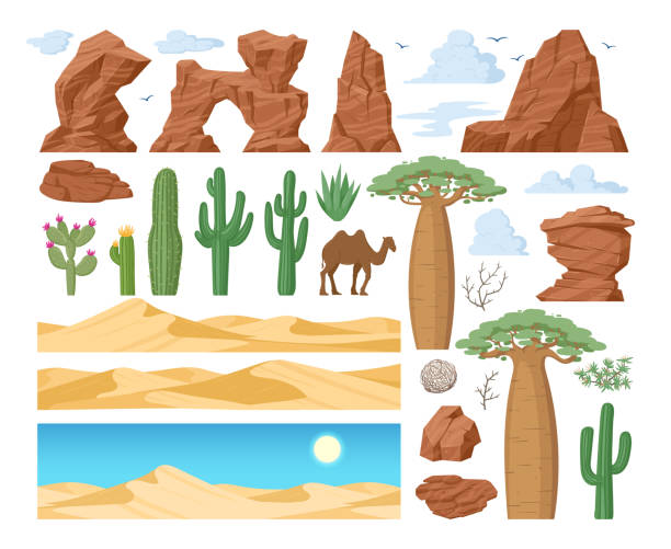 漫画砂漠の砂丘、岩、バオバブ、サボテンとc。モハーベ砂漠の砂岩と多肉植物、西部砂漠の平らなベクトルシンボルがセットされています。自然の峡谷の風景要素 - west cactus desert utah点のイラスト素材／クリップアート素材／マンガ素材／アイコン素材