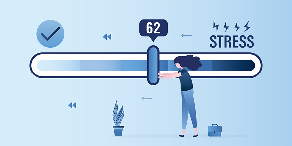 Relieve stress. Stressful woman pulls toggle on measuring scale. Stress levels are reduced through of problems solving. Girl tired of frustration. Mental health, concept banner.