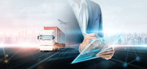 istock Business and technology digital future of cargo containers logistics transport import export concept, Double exposure business man using tablet control freight truck, Modern futuristic city background 1429405455