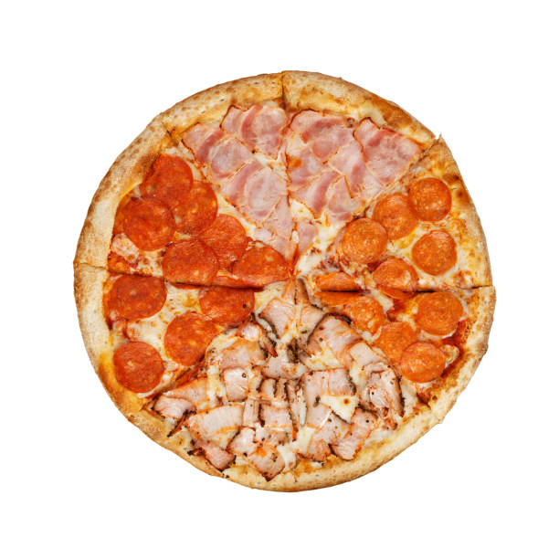 istock Assorted pizza with pepperoni, turkey meat and bacon isolated on white. 1429405933