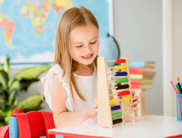 istock Little counting on the colourful abacus in the school classroom 1429406158
